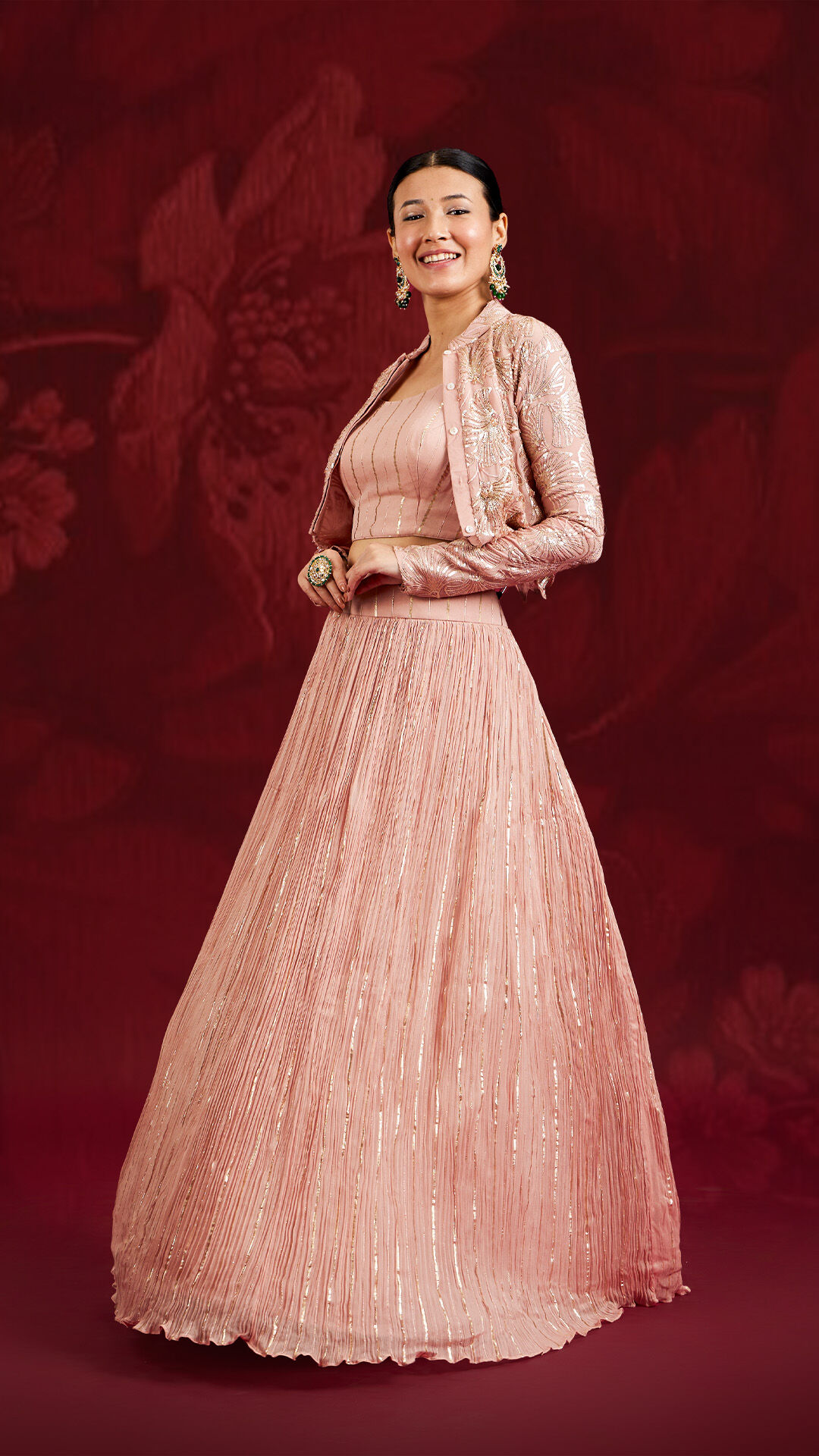 Bride wearing beautifull modern fashionable pink lehenga